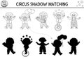Circus black and white shadow matching activity with cute clowns. Amusement show line puzzle. Find correct silhouette printable
