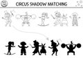 Circus black and white shadow matching activity with cute performers. Amusement puzzle with artists. Find correct silhouette