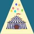 Circus blue- white, striped tent with a flag on the tops of the dome for carnival