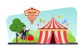 Circus building, tent, shapito. Invitation to event, magician shows tricks.