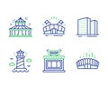 Circus, Buildings and Shop icons set. Lighthouse, Sports arena and Arena stadium signs. Vector