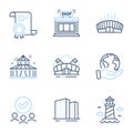 Circus, Buildings and Shop icons set. Lighthouse, Sports arena and Arena stadium signs. Vector