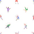 Circus and carnival, seamless pattern. Endless festival background, repeating print with clown, acrobat, jester, gymnast
