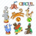 Circus cartoon icons collection with chapiteau tent and trained wild animals.