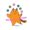 A circus cat twists a hoop and juggles balls.