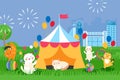 Circus cats in marquee tent, cute animals cartoon characters, vector illustration