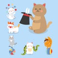 Circus cats vector cheerful illustration for kids with little domestic cartoon animals playing mammal