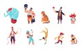 Circus characters. Cartoon clowns. Juggler throws balls. Acrobat and magician shows tricks. Animal trainer with elephant Royalty Free Stock Photo