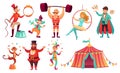 Circus characters. Juggling animals, juggler artist clown and strongman performer. Cartoon vector illustration set