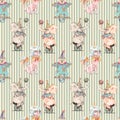 Circus characters vintage watercolor drawing seamless pattern illustration