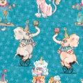 Circus characters vintage watercolor drawing seamless pattern illustration