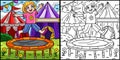 Circus Child and Trampoline Coloring Illustration
