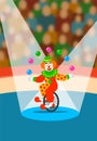 Circus clown juggling balls on unicycle on arena Royalty Free Stock Photo