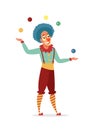 Circus clown juggling with colorful balls isolated on white background. Flat vector illustration. Royalty Free Stock Photo