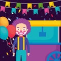 Circus clown with pop corn cart and balloons Royalty Free Stock Photo