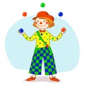 Circus. Clown in a red hat juggles balls Royalty Free Stock Photo
