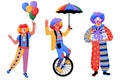 Circus clowns set. Vector illustration of jokers in carnival costumes. Amusement park or birthday party design elements Royalty Free Stock Photo