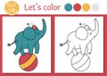 Circus coloring page for children with elephant on a ball. Vector amusement show outline illustration with cute animal. Color book