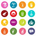 Circus entertainment icons many colors set