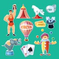 Circus entertainment icons set. Flat style design. Vector illustration.