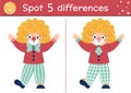 Circus find differences game for children. Educational activity with cute clown. Amusement show puzzle for kids with funny artist