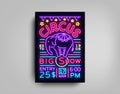 Circus flyer in neon style. Circus show with elephant neon sign poster, bright banner, neon brochure, typography design Royalty Free Stock Photo
