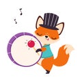 Circus Fox Animal in Top Hat Beating Drum Performing Trick Vector Illustration Royalty Free Stock Photo