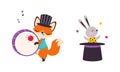 Circus Fox and Hare Animal Playing Drum and Sitting in Top Hat Performing Trick Vector Illustration Set