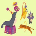 Circus funny animals vector cheerful zoo entertainment magician performer carnival illustration