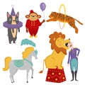 Circus funny animals vector cheerful zoo entertainment magician performer carnival illustration