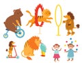 Circus funny animals set of vector icons cheerful zoo entertainment collection juggler pets magician performer carnival Royalty Free Stock Photo