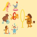 Circus funny animals set of vector icons cheerful zoo entertainment collection juggler pets magician performer carnival Royalty Free Stock Photo