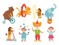 Circus funny animals set of vector icons cheerful zoo entertainment collection juggler pets magician performer carnival Royalty Free Stock Photo