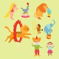 Circus funny animals set of vector icons cheerful zoo entertainment collection juggler pets magician performer carnival Royalty Free Stock Photo