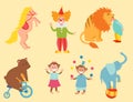 Circus funny animals set of vector icons cheerful zoo entertainment collection juggler pets magician performer carnival Royalty Free Stock Photo