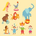 Circus funny animals set of vector icons cheerful zoo entertainment collection juggler pets magician performer carnival Royalty Free Stock Photo