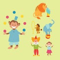 Circus funny animals set of vector icons cheerful zoo entertainment collection juggler pets magician performer carnival Royalty Free Stock Photo