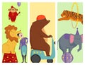 Circus funny animals vector cheerful cards design zoo entertainment magician performer carnival illustration