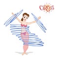 A circus girl spinning hulahoops