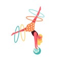 Circus gymnast balancing on ball with hula hoop on legs. Professional graceful circus performer. Flat vector cartoon