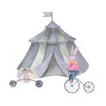 Circus hare on a bicycle, a tent, a ball and barbell watercolor illustration. Hand drawn isolated on white background.