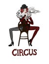 A circus harlequin smokes in a chair. Watercolor gothic illustration