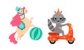 Circus Horse and Raccoon Animal Performing Trick Riding Scooter and Standing on Hind Legs Vector Set Royalty Free Stock Photo