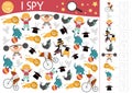 Circus I spy game for kids. Searching and counting activity with funny artists. Amusement street show printable worksheet for