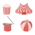 Circus Icon set: pavilion, magic hat with wand, ball and popcorn for your design in cartoon style. Vector illustration.