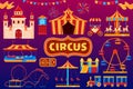 Circus icons, amusement park carnival, fairground festival isolated set, vector illustration