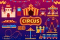 Circus icons, amusement park carnival, fairground festival isolated set, vector illustration