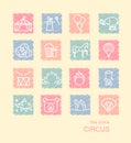 Circus icons set in linear style on spots drawn with crayons. Royalty Free Stock Photo