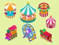 Circus isometric show entertainment tent marquee outdoor festival with stripes and flags carnival signs