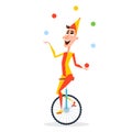 Circus juggler with balls rides on a unicycle